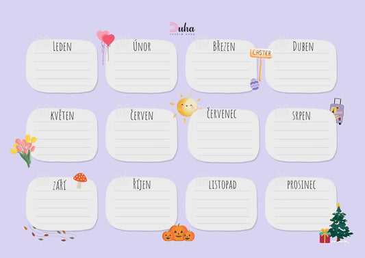 Roční plánovač k vytištění velikost A3 - PDF na e-mail (více barev)