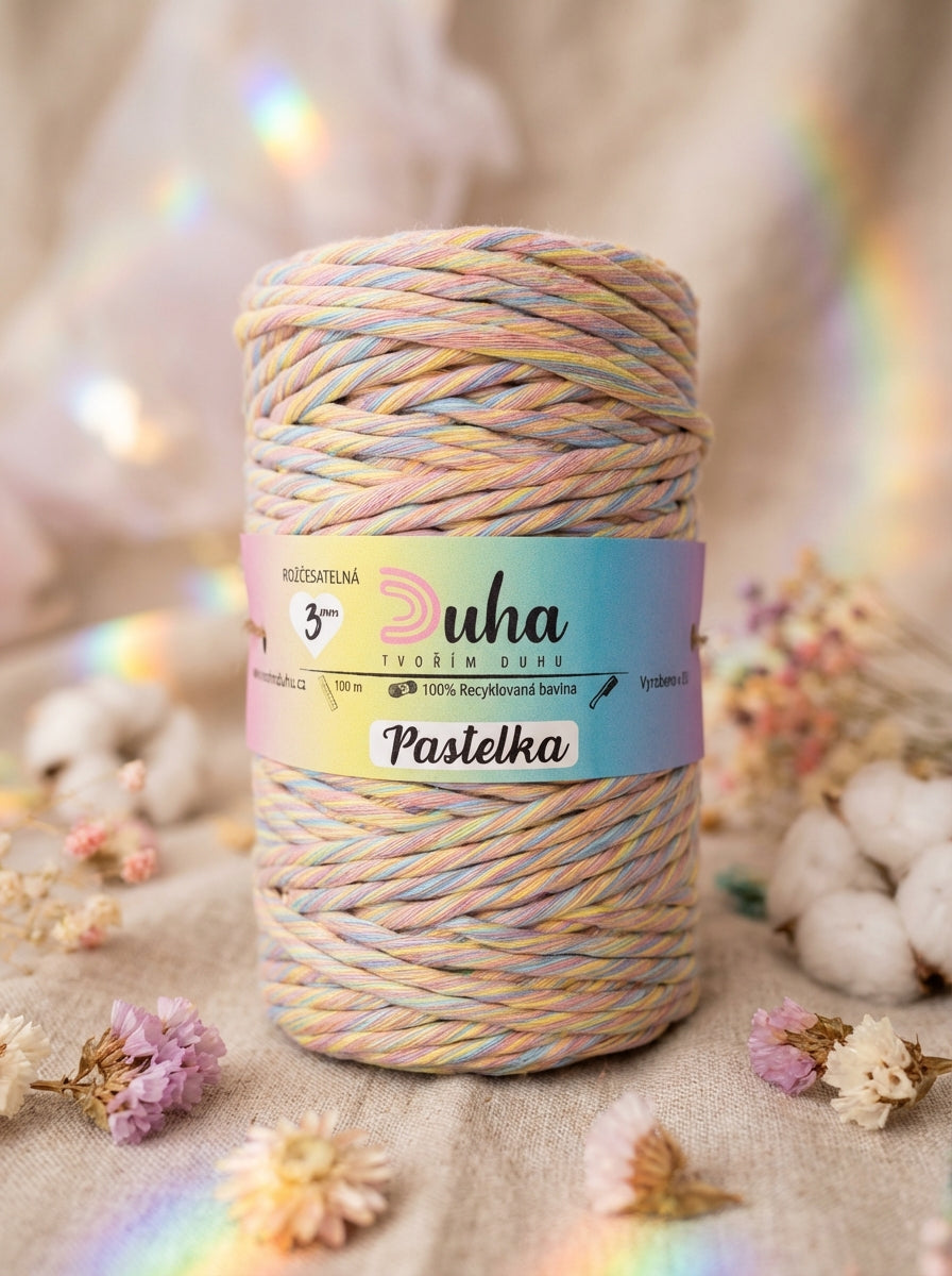 Duhová příze Macramé 3 mm - 🌈 PASTELKA (rozčesatelná)