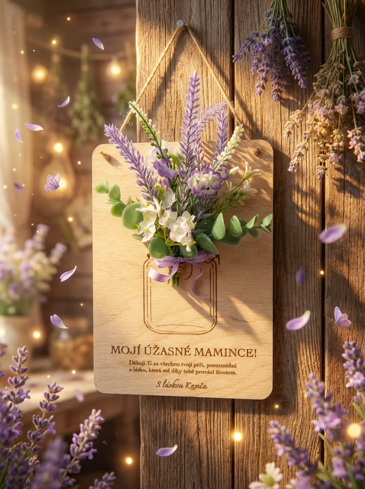 Dřevěná dekorace k přivázání květiny - dárek na DEN MATEK (CZ i SK verze textu)