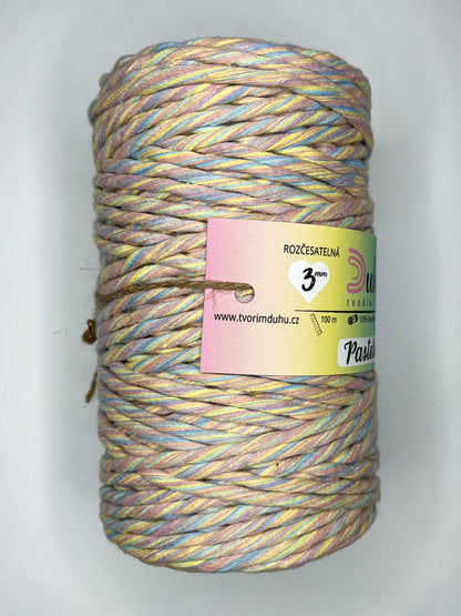 Duhová příze Macramé 3 mm - 🌈 PASTELKA (rozčesatelná)