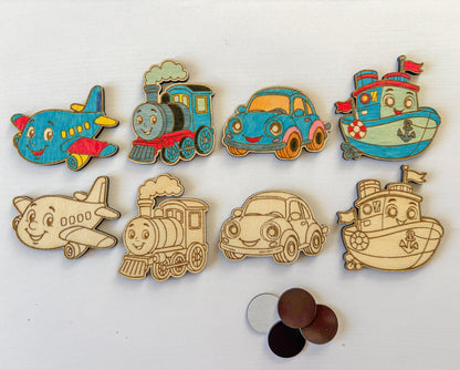 Dřevěné magnetky k domalování - DOPRAVA