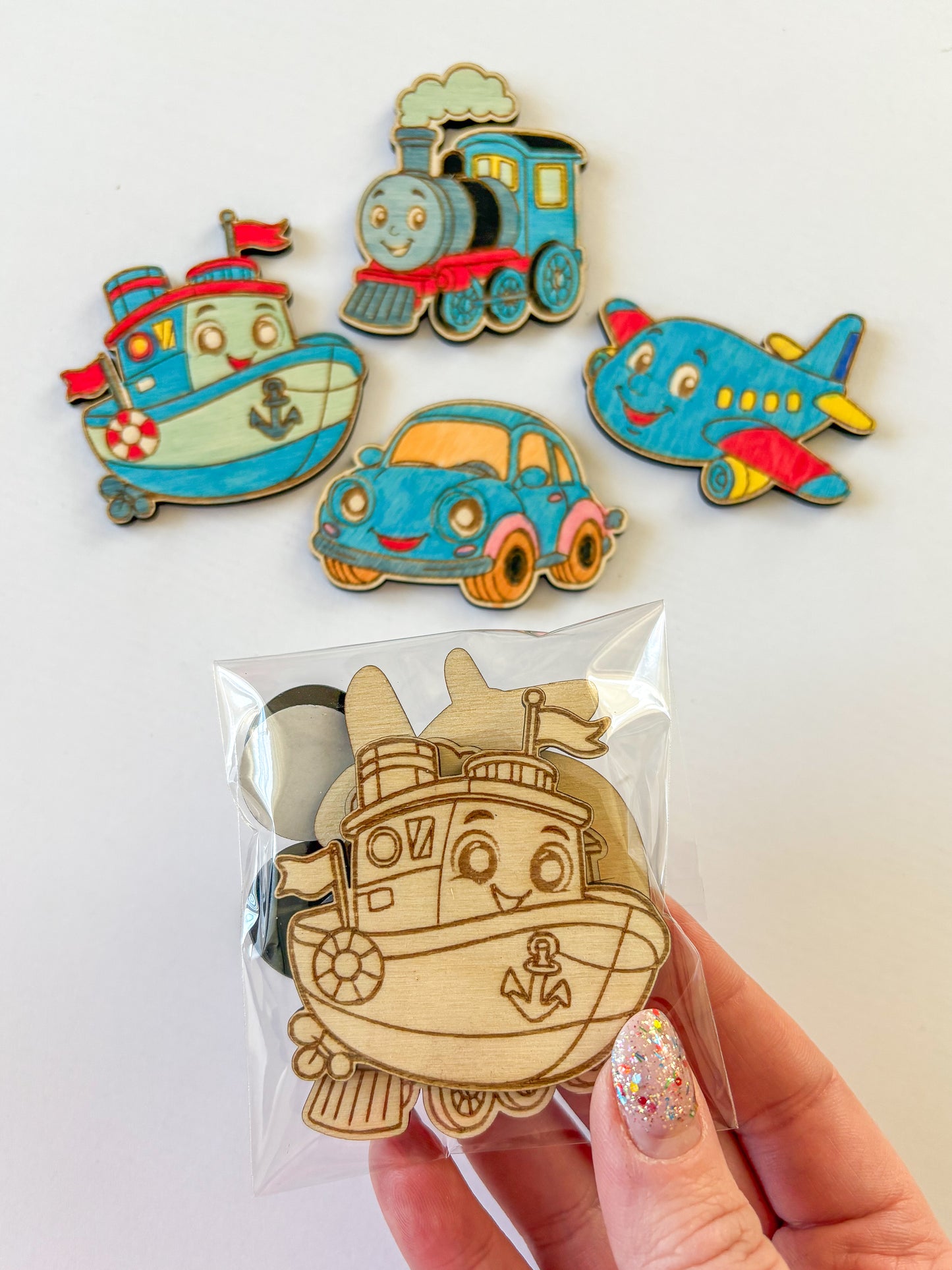 Dřevěné magnetky k domalování - DOPRAVA