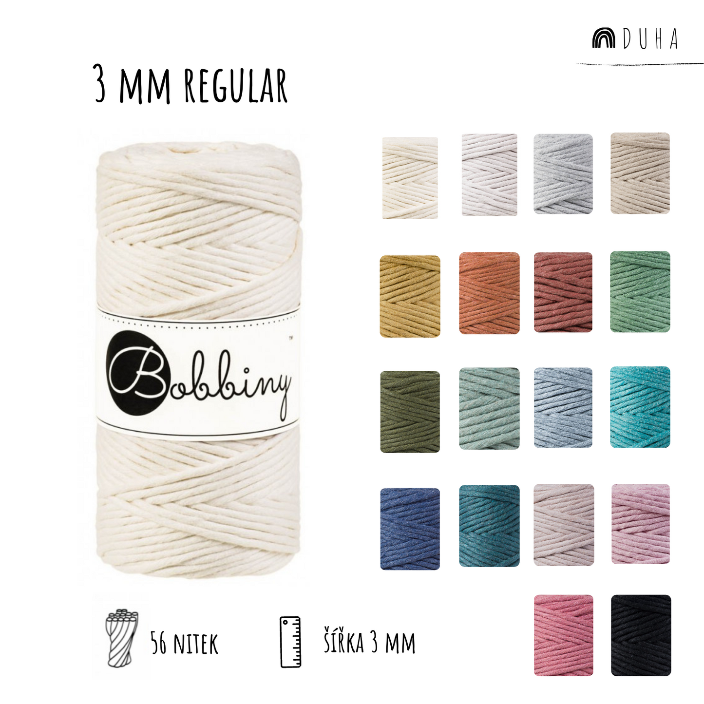 Bobbiny macramé 3 mm regular (rozčesatelná)