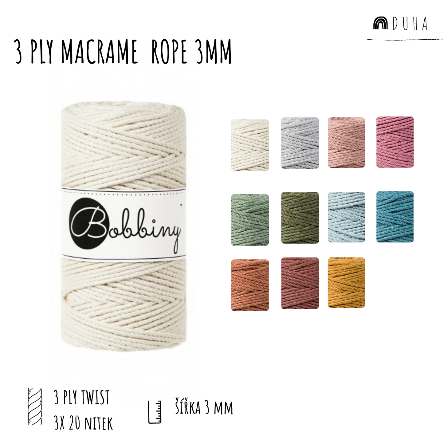 Bobbiny macramé 3PLY 3 mm regular (rozčesatelná)